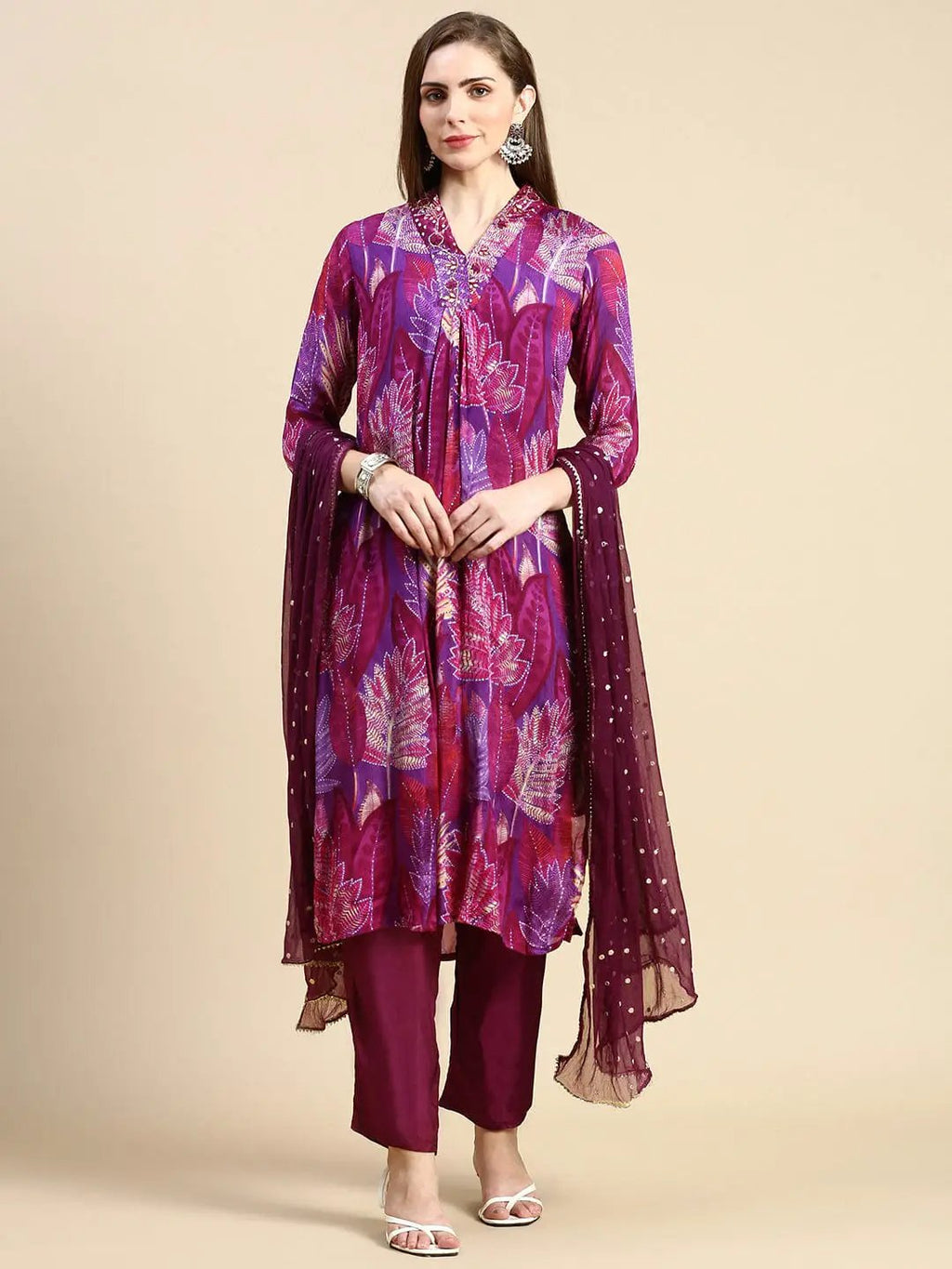 Women's Floral Purple Straight Kurta Set with Dupatta