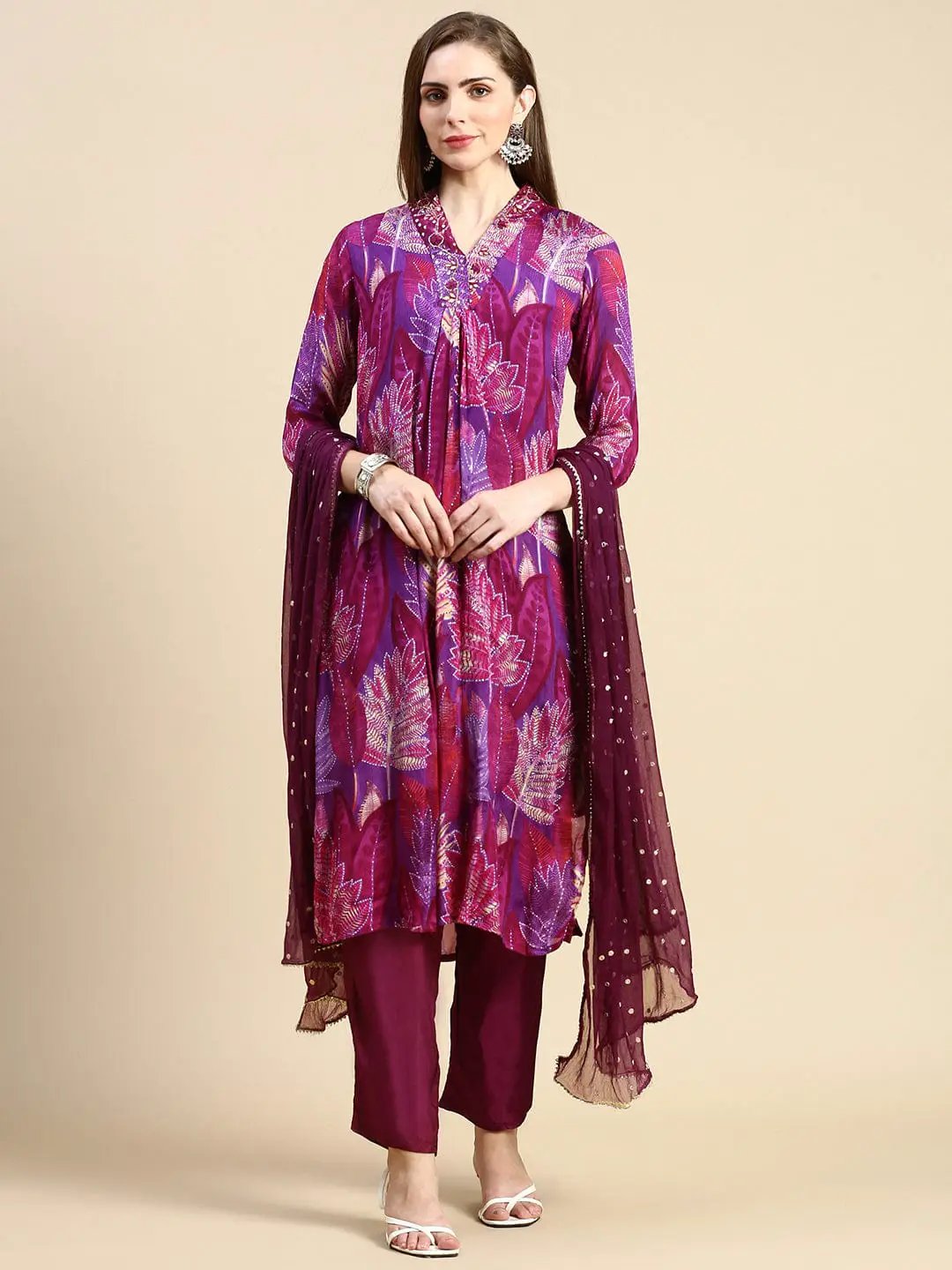 Women's Floral Purple Straight Kurta Set with Dupatta
