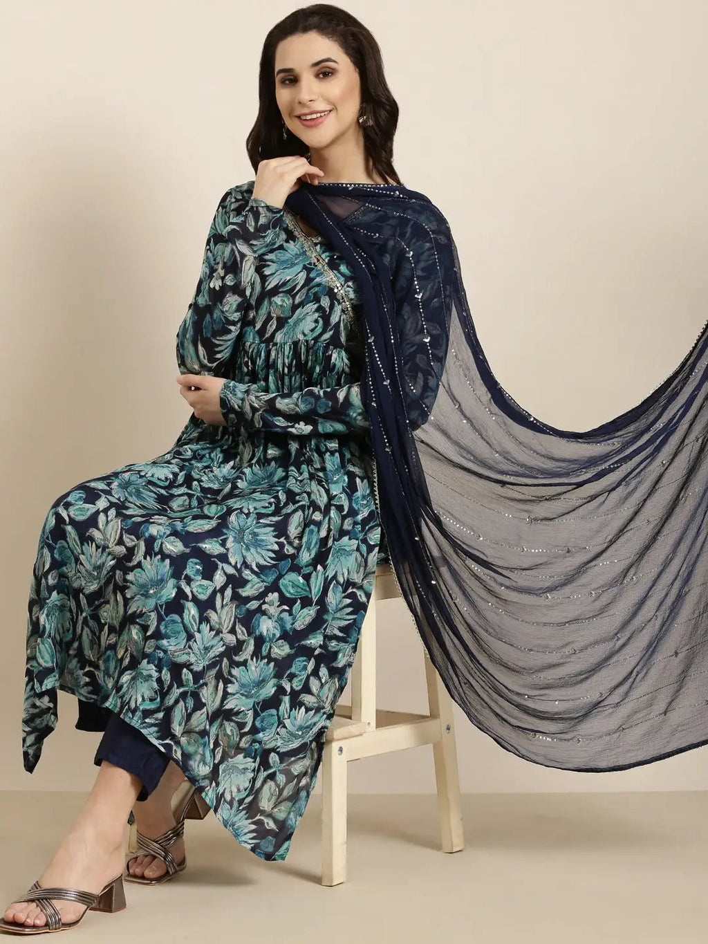 Women's Straight Blue Floral Kurta Sets with Trousers & Dupatta