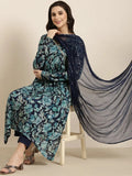 Women's Straight Blue Floral Kurta Sets with Trousers & Dupatta