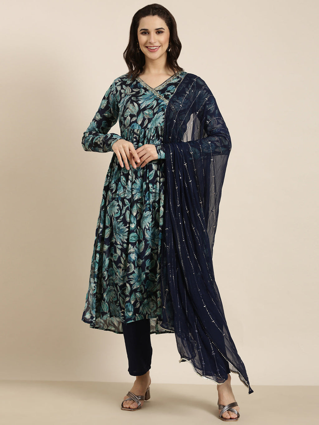 Women's Straight Blue Floral Kurta Sets with Trousers & Dupatta