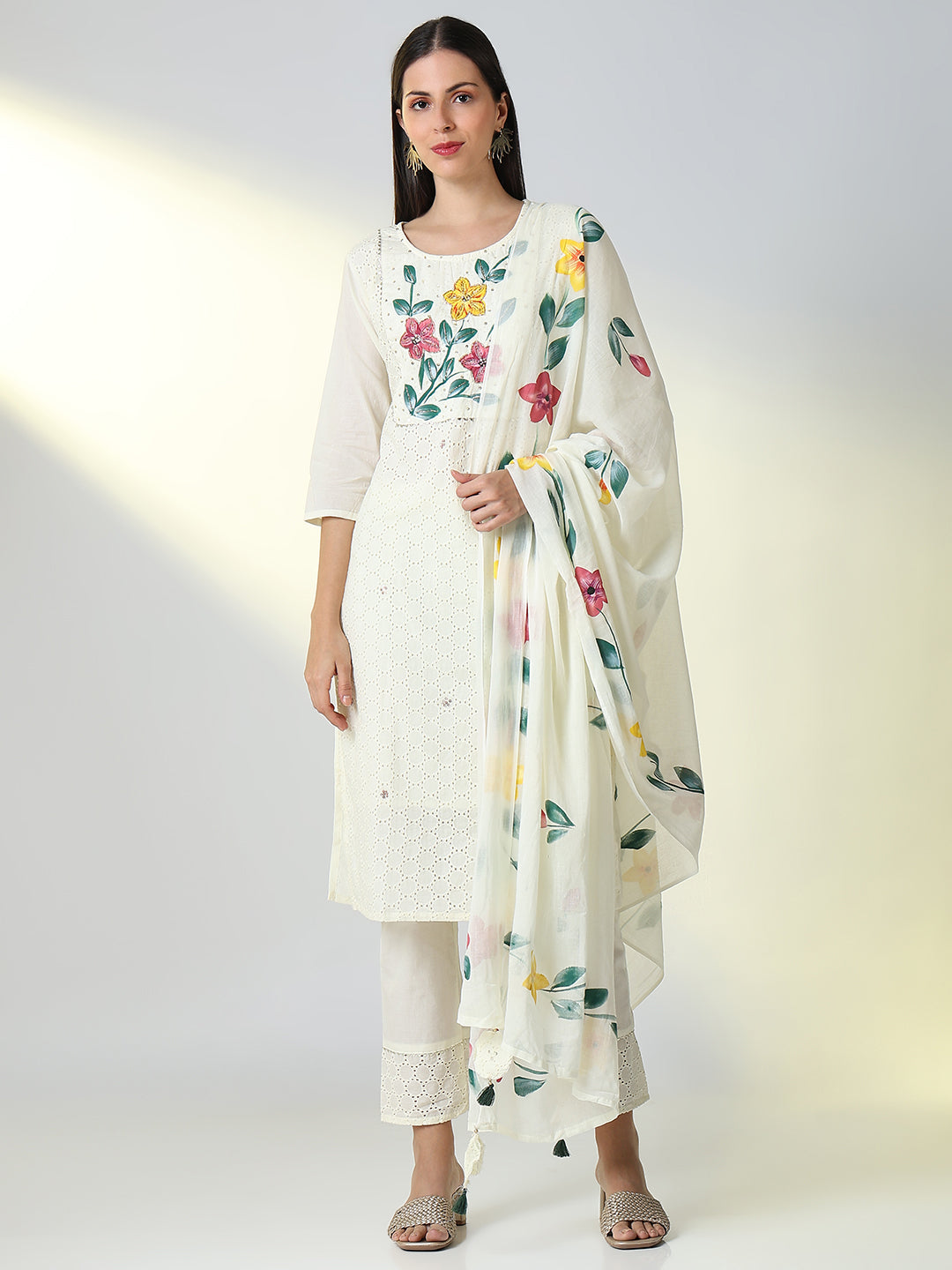 Women's Cream Printed Floral Straight Kurta Set with Dupatta