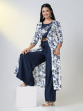 Women's Navy Blue Floral Straight Kurta Set with Overcoat