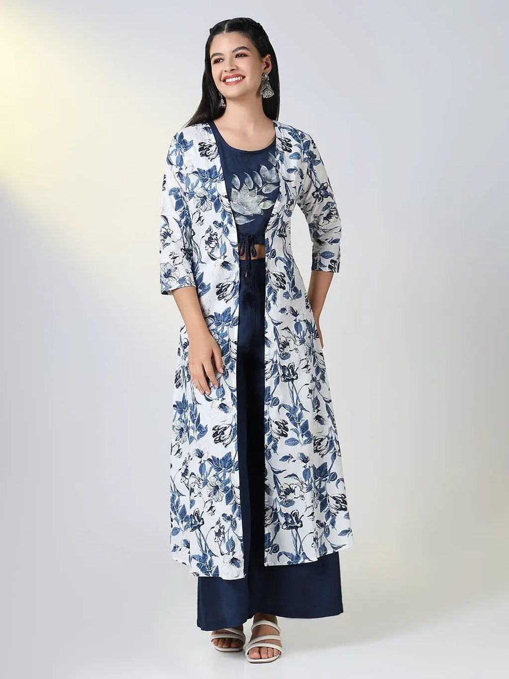 Women's Navy Blue Floral Straight Kurta Set with Overcoat