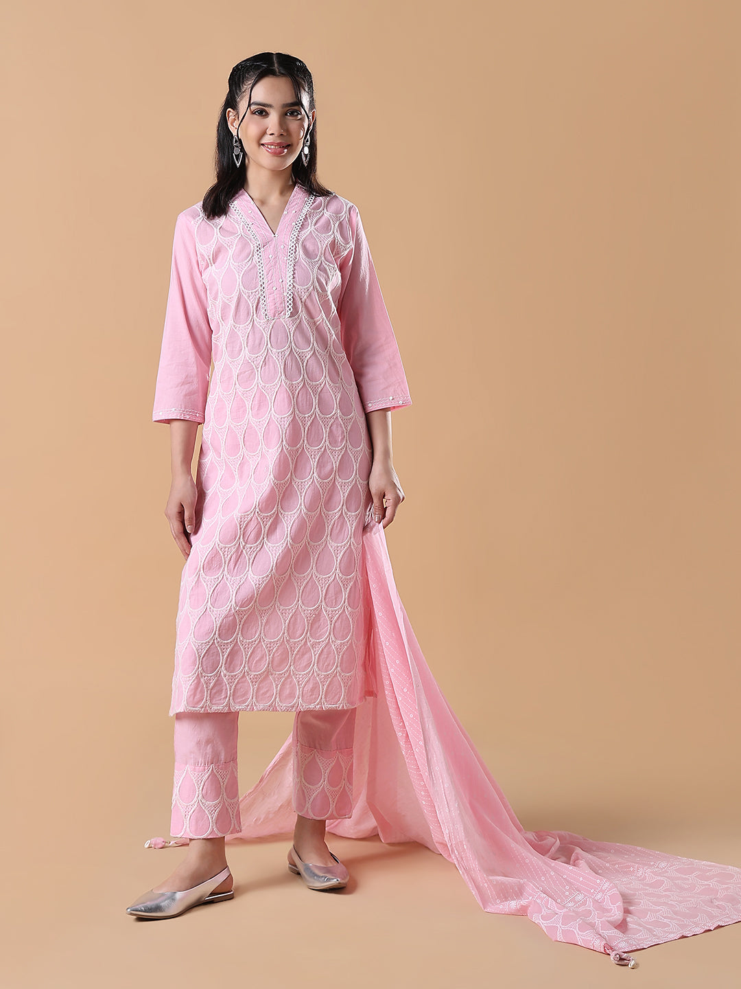 Women's Abstract Straight Thread Work Pink Kurta Set with Dupatta