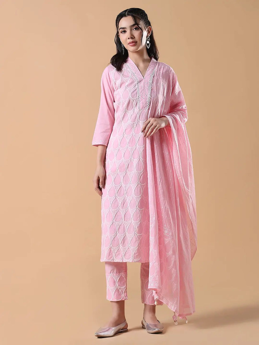 Women's Abstract Straight Thread Work Pink Kurta Set with Dupatta