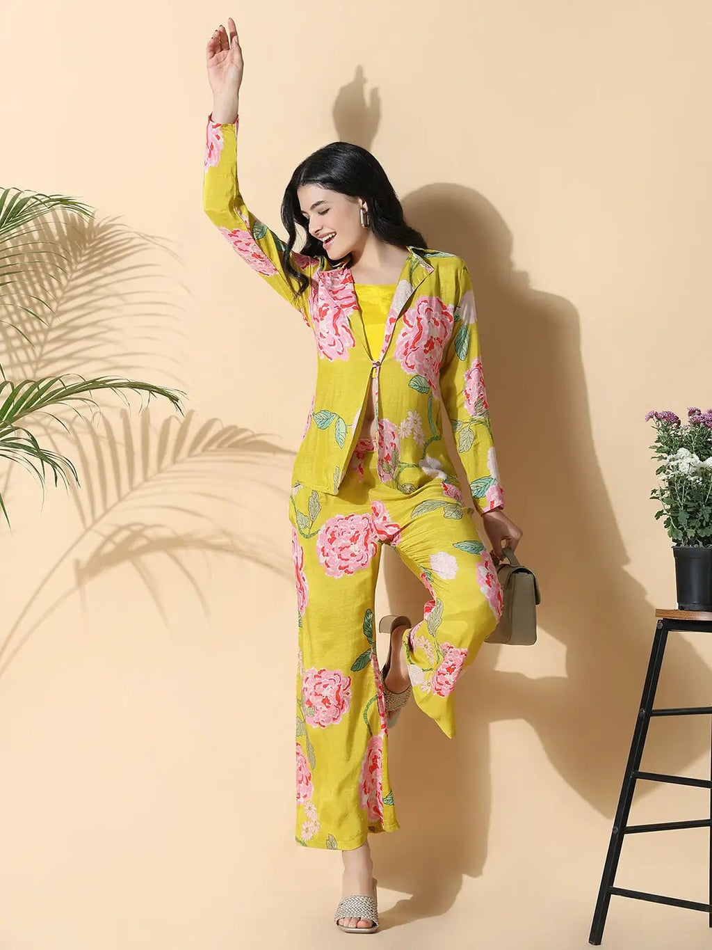 Women's Yellow Printed Kurta Set with Blazer