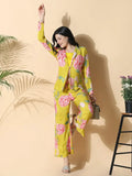Women's Yellow Printed Kurta Set with Blazer