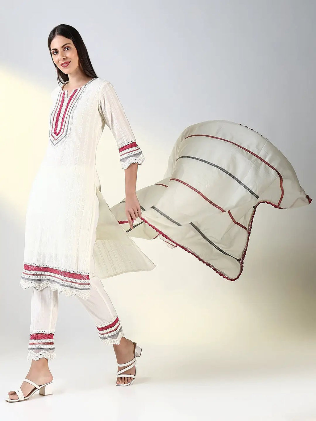 Women's Off White Solid Straight Kurta Set with Dupatta