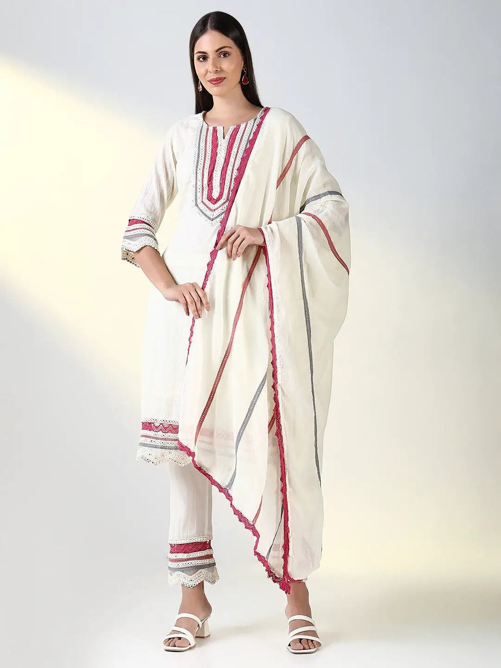 Women's Off White Solid Straight Kurta Set with Dupatta