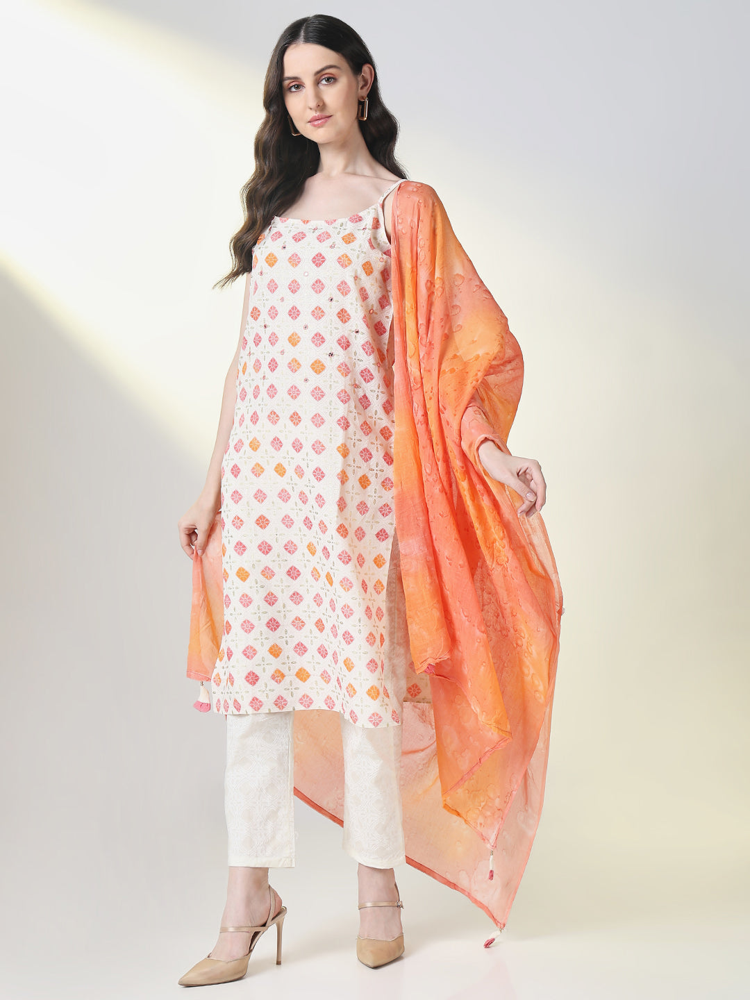 Women's Cream Graphic Straight Kurta Set with Dupatta