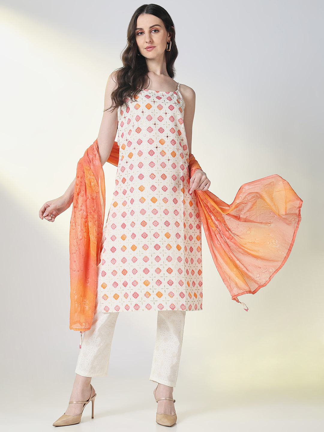 Women's Cream Graphic Straight Kurta Set with Dupatta