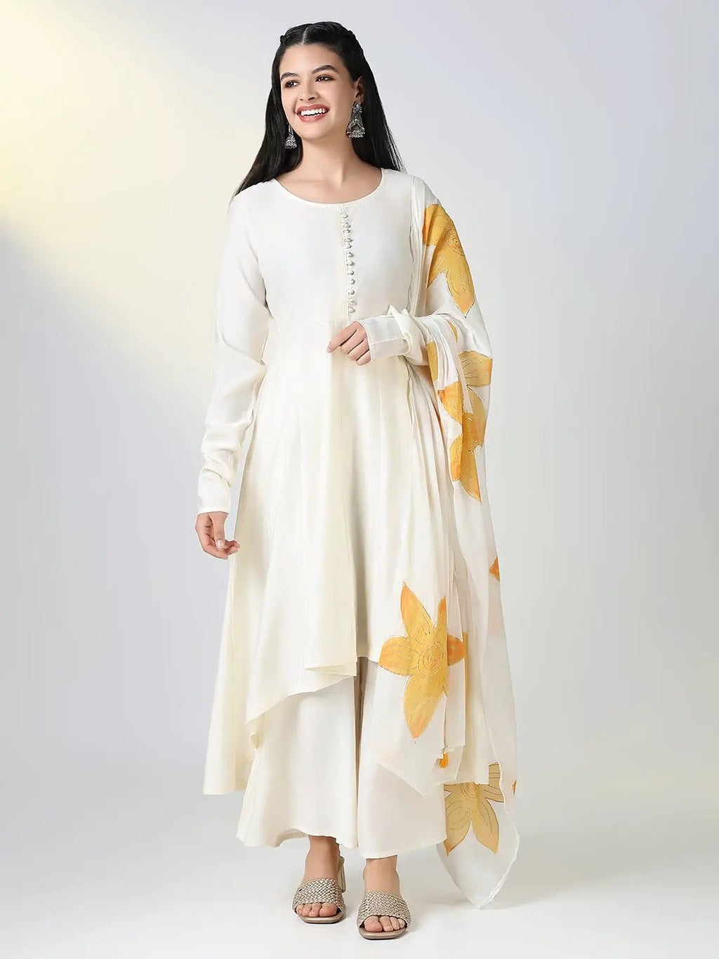Women's Cream Solid A Line Kurta Set with Dupatta