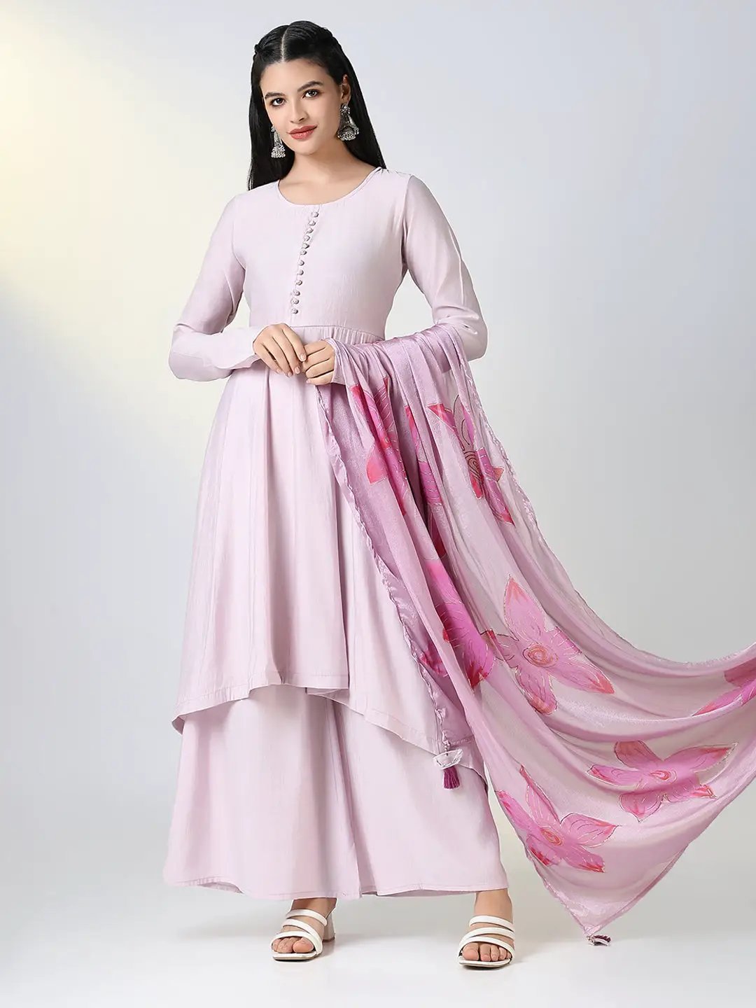 Women's Lavender Solid A Line Kurta Set with Dupatta