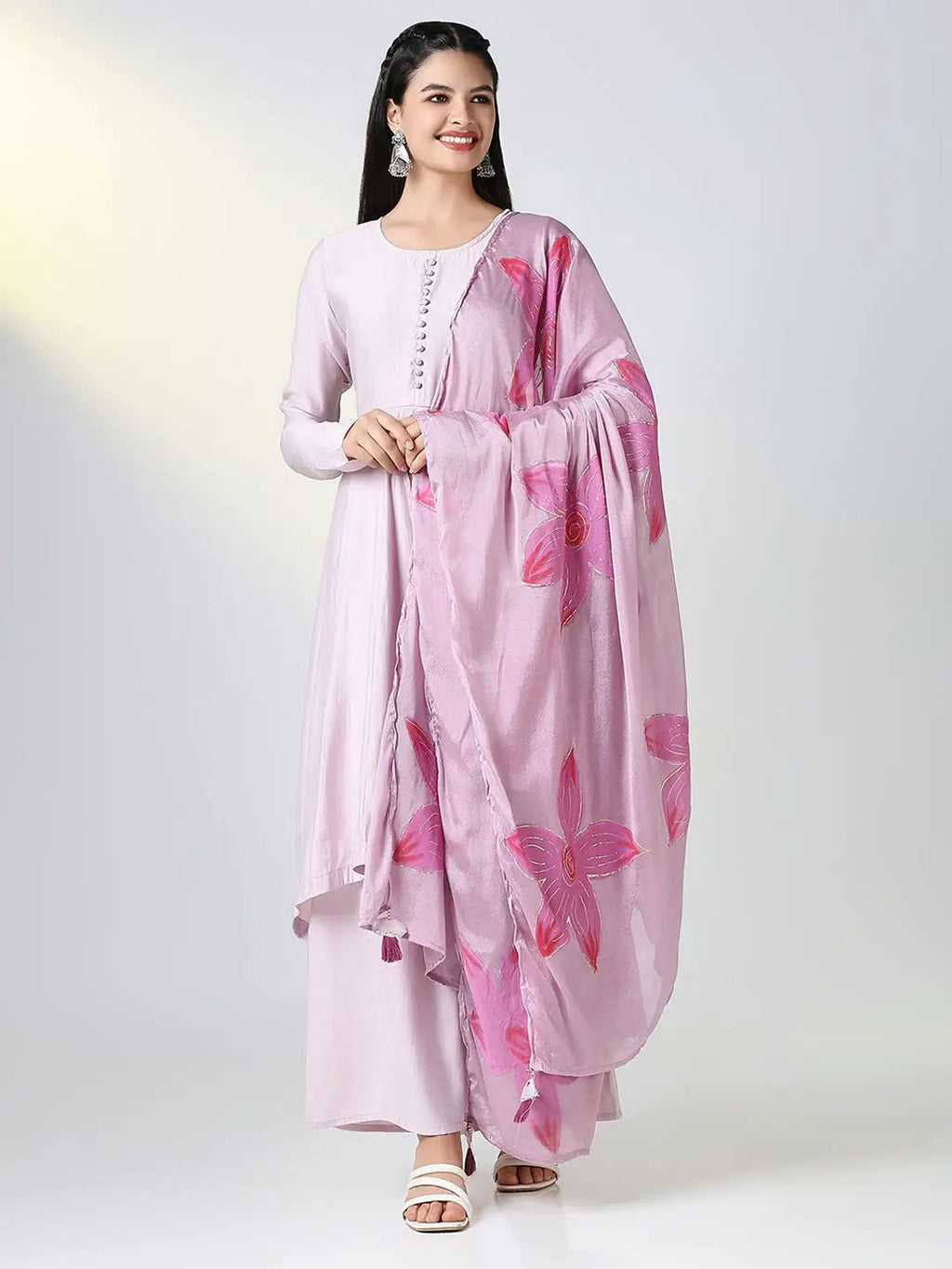 Women's Lavender Solid A Line Kurta Set with Dupatta