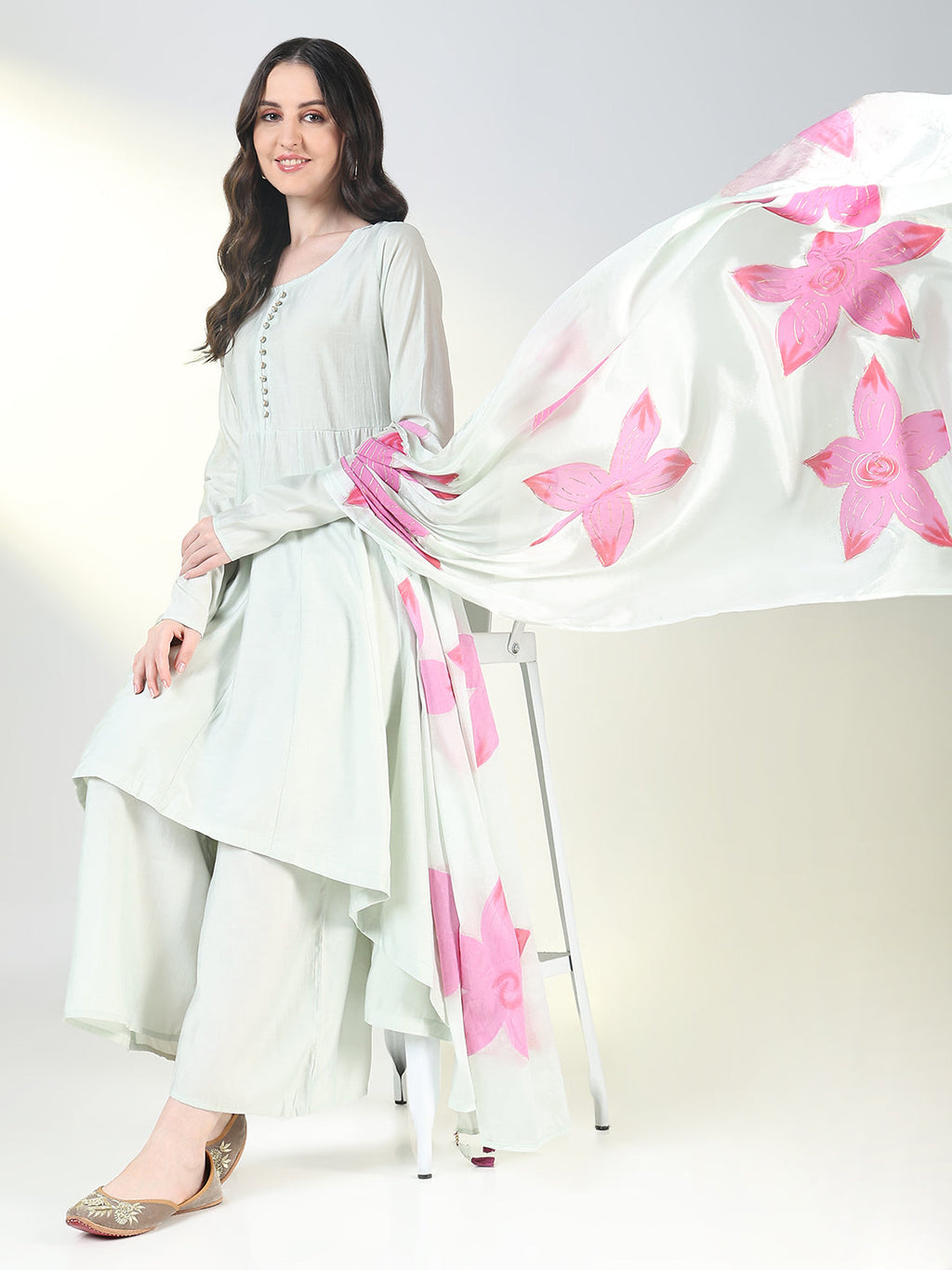 Women's Sea Green Solid A Line Kurta Set with Dupatta