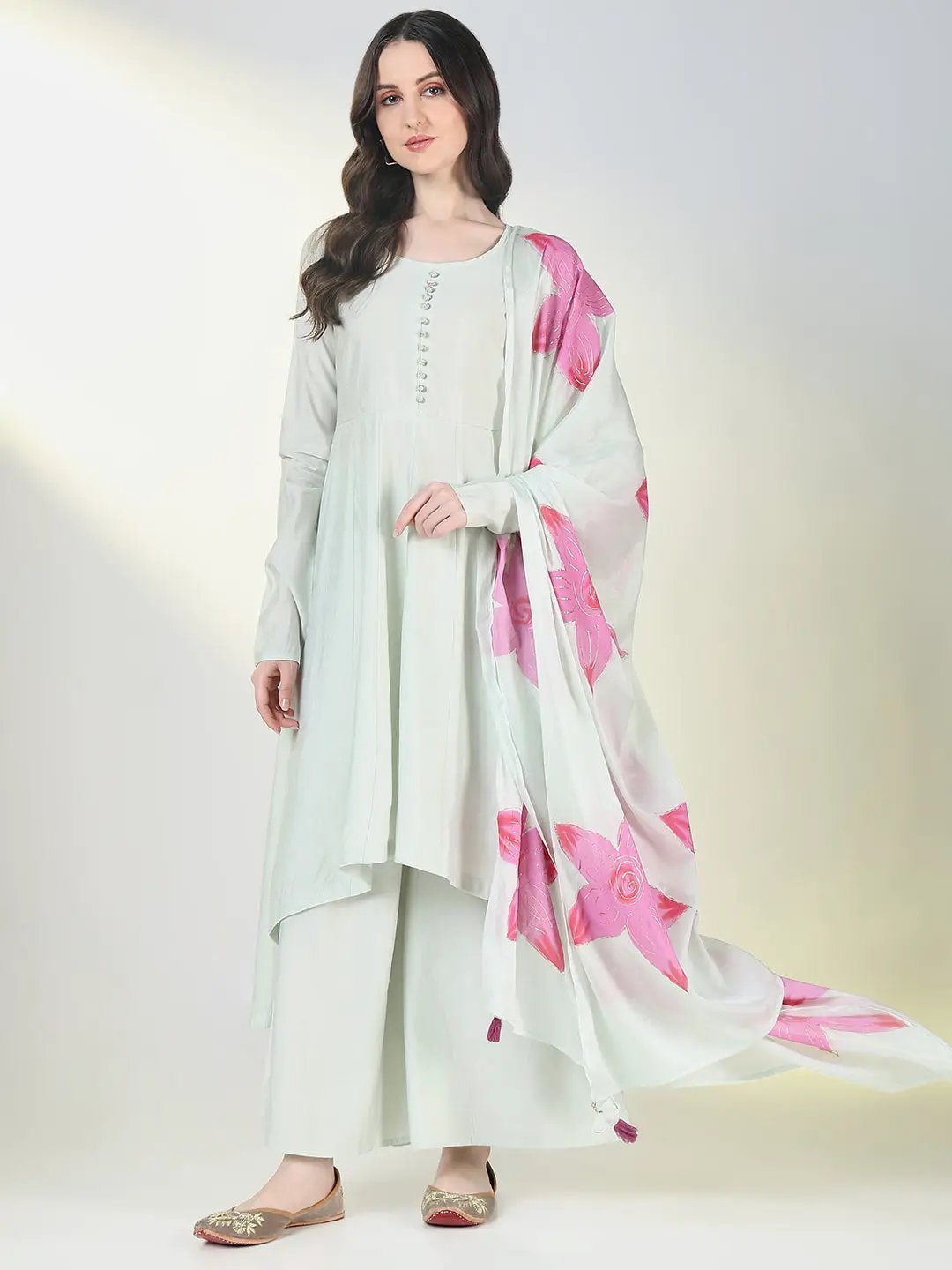 Women's Sea Green Solid A Line Kurta Set with Dupatta