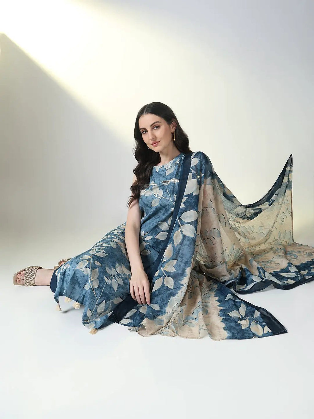 Women's Floral Blue Straight Kurta Sets with Dupatta
