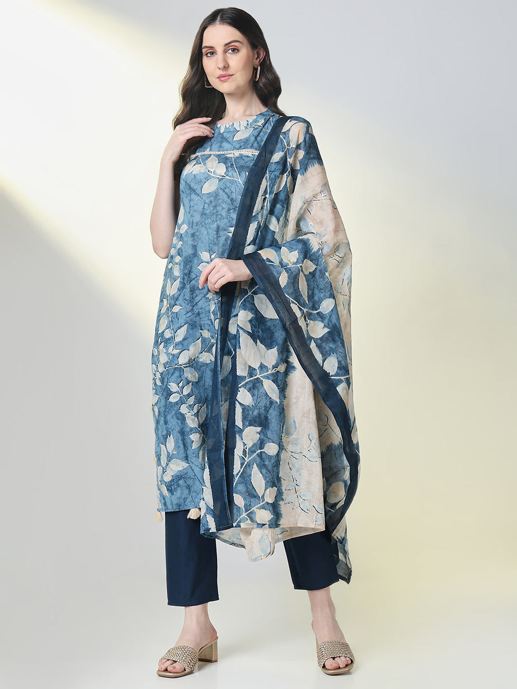 Women's Floral Blue Straight Kurta Sets with Dupatta