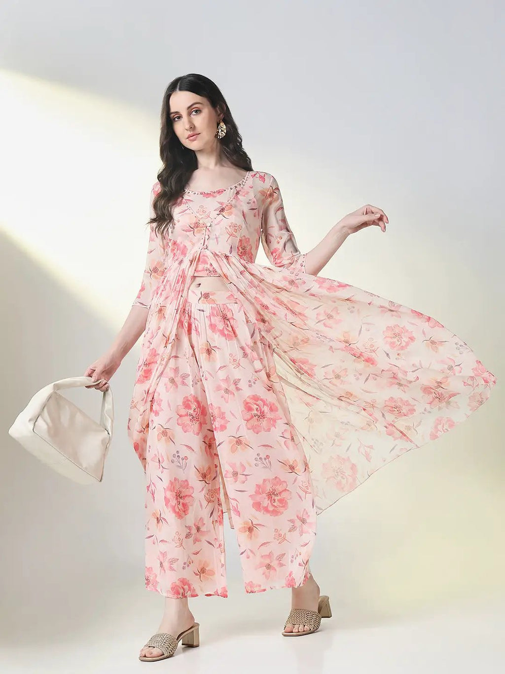 Women's Peach Embellished Kurta Sets with Overcoat