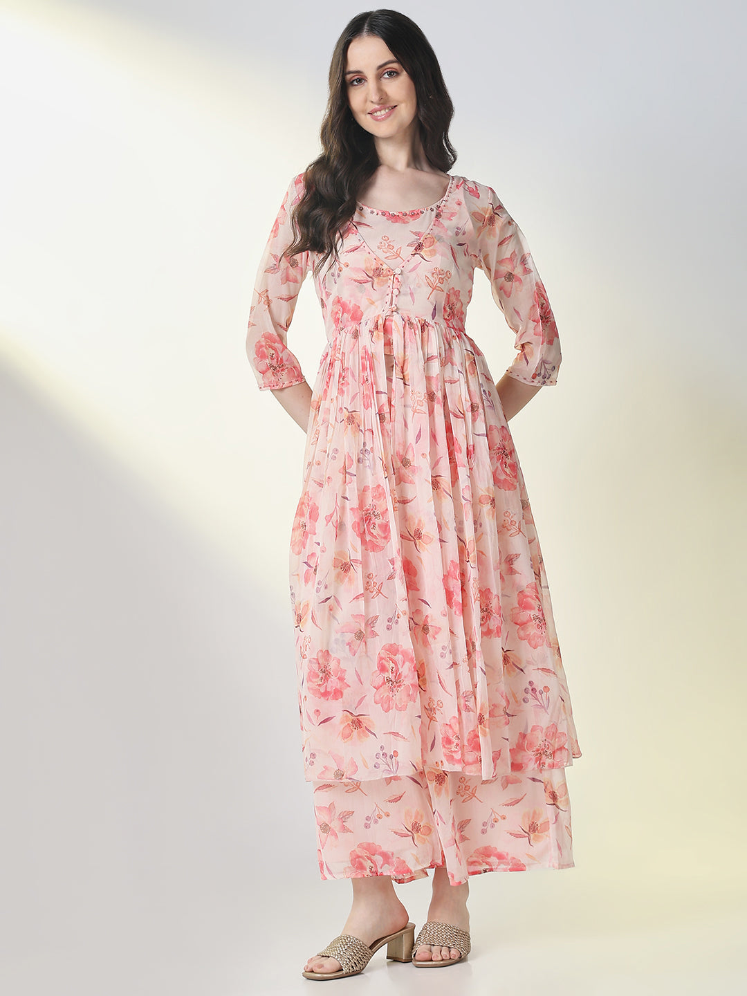 Women's Peach Embellished Kurta Sets with Overcoat