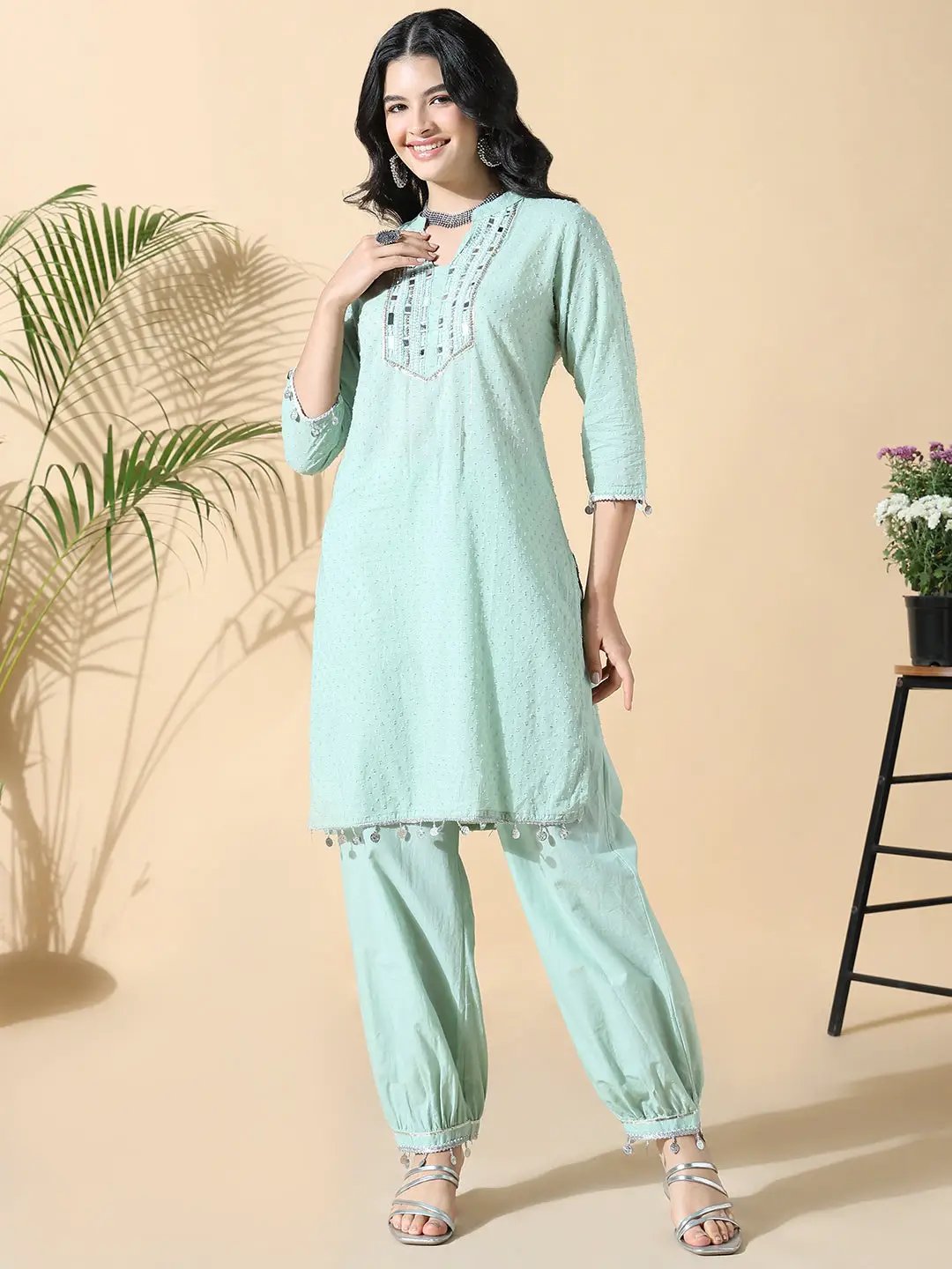 Women's Solid Straight Mirror Work Green Kurta and Patiala Pant