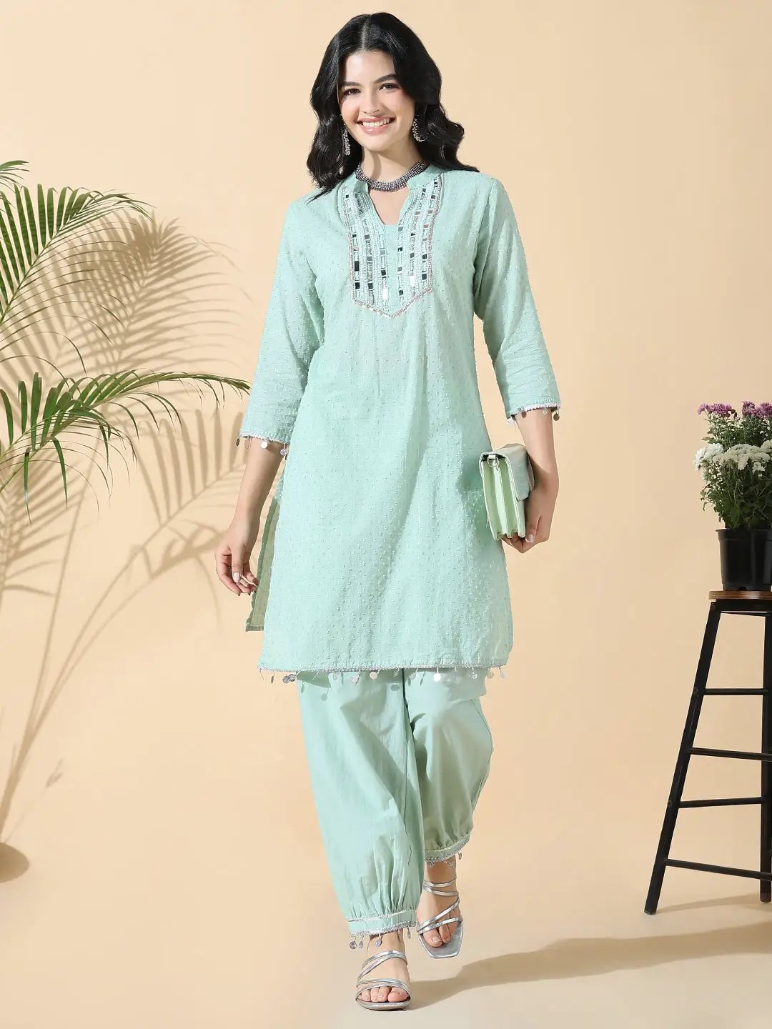 Women's Solid Straight Mirror Work Green Kurta and Patiala Pant