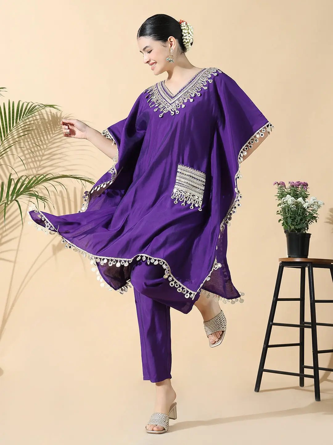Women's Solid Kaftan Mirror Work Purple Kurta Set