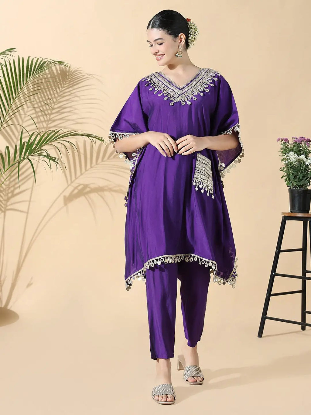 Women's Solid Kaftan Mirror Work Purple Kurta Set