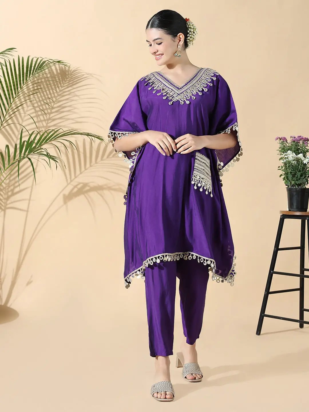Women's Solid Kaftan Mirror Work Purple Kurta Set