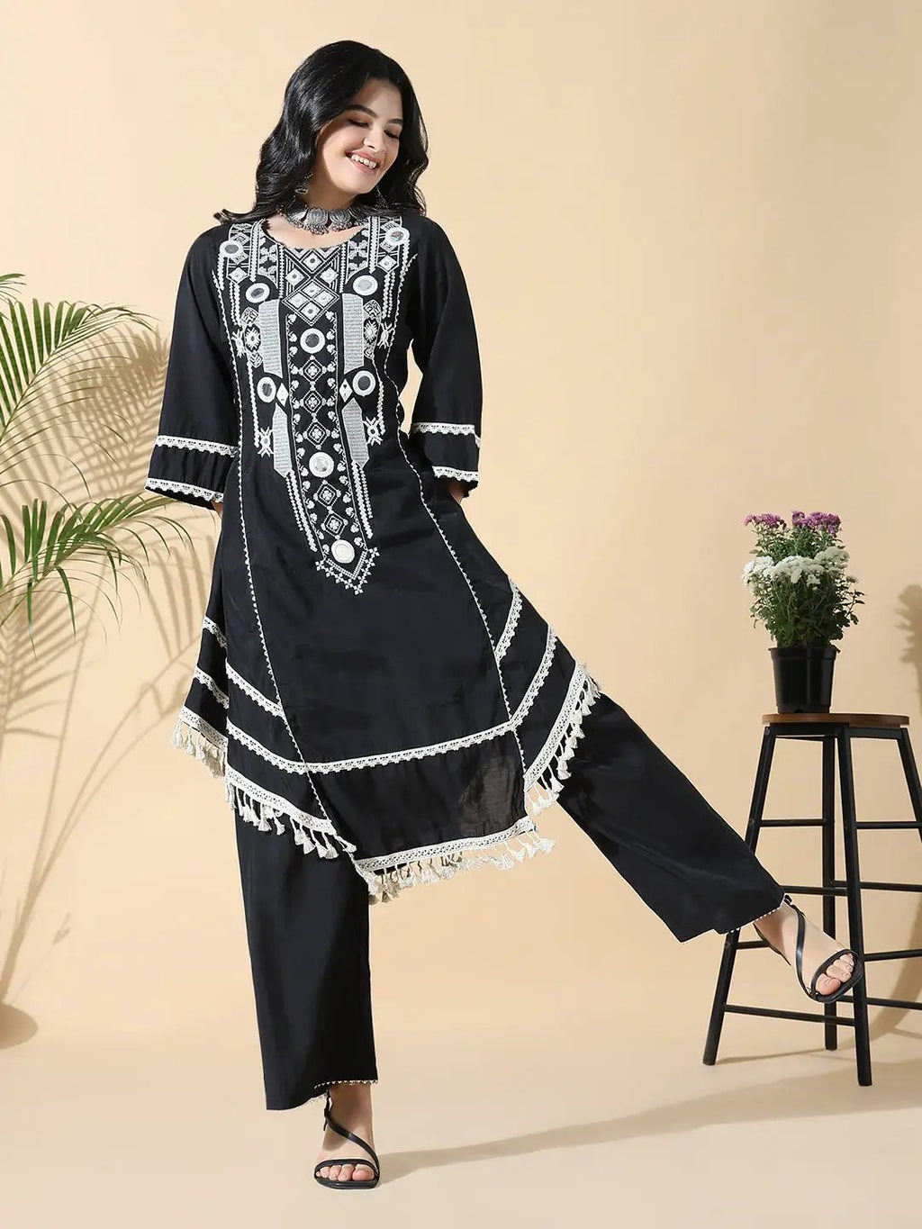 Women's A-Line Mirror Work Black & White Kurta Set