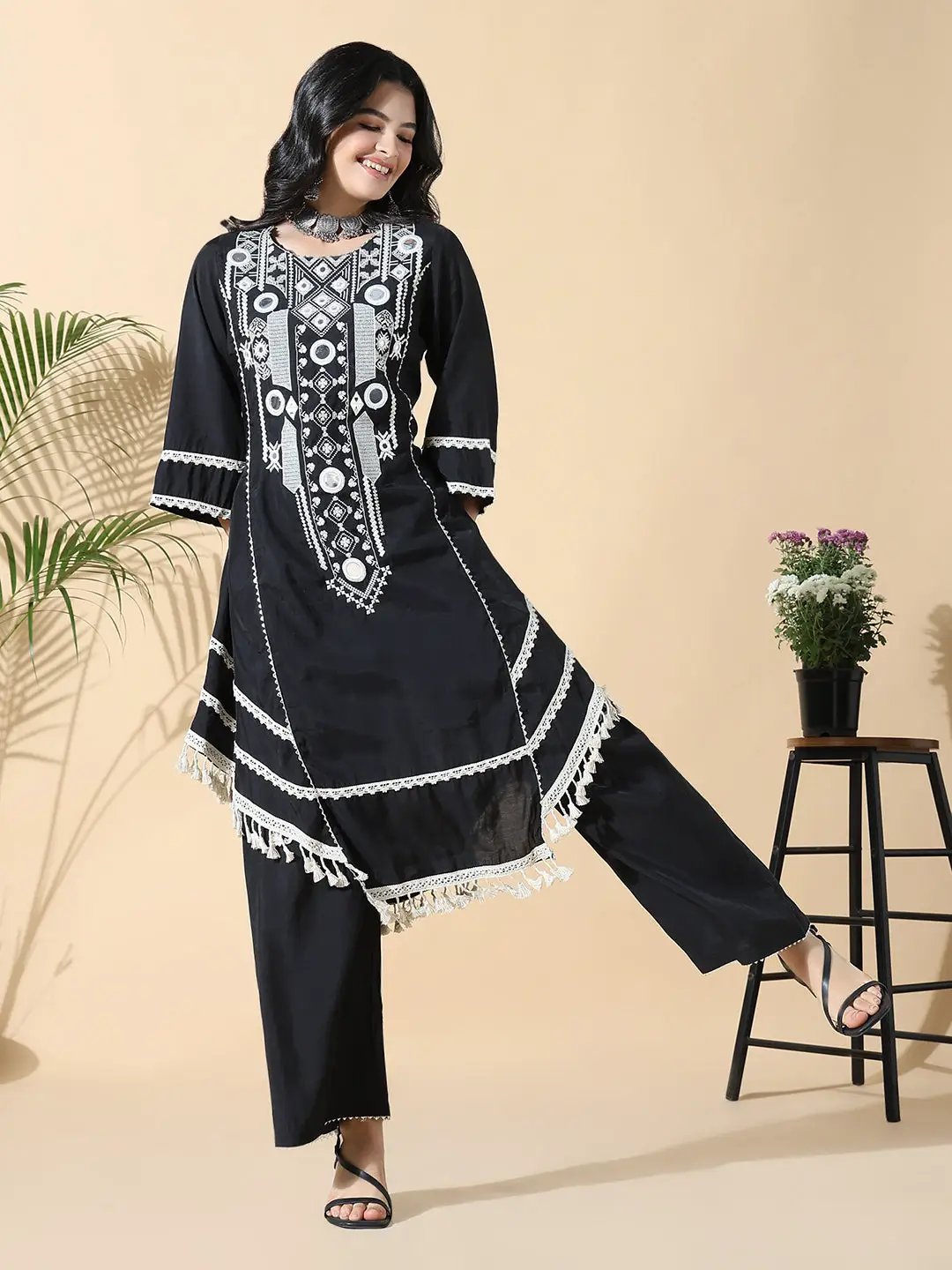 Women's A-Line Mirror Work Black & White Kurta Set