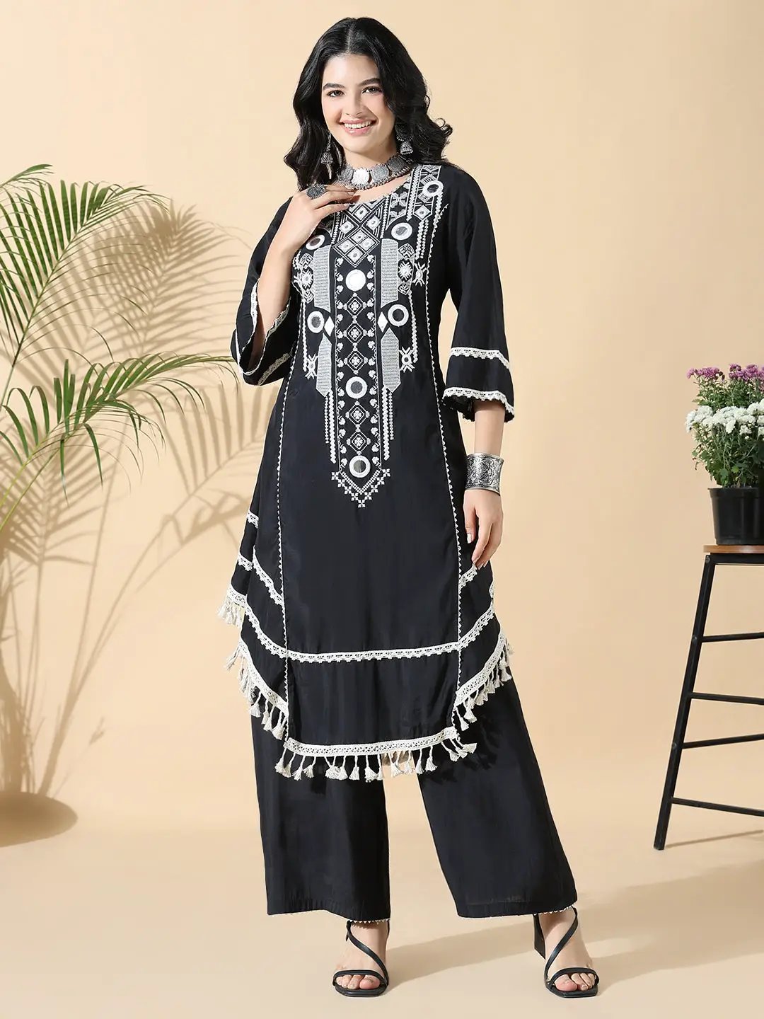 Women's A-Line Mirror Work Black & White Kurta Set