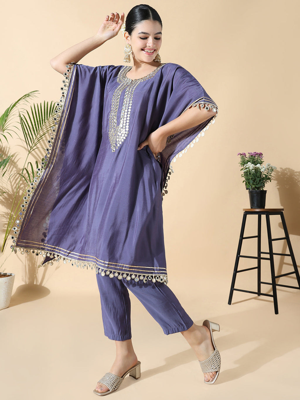 Women's Solid Kaftan Mirror Work Purple Kurta Set