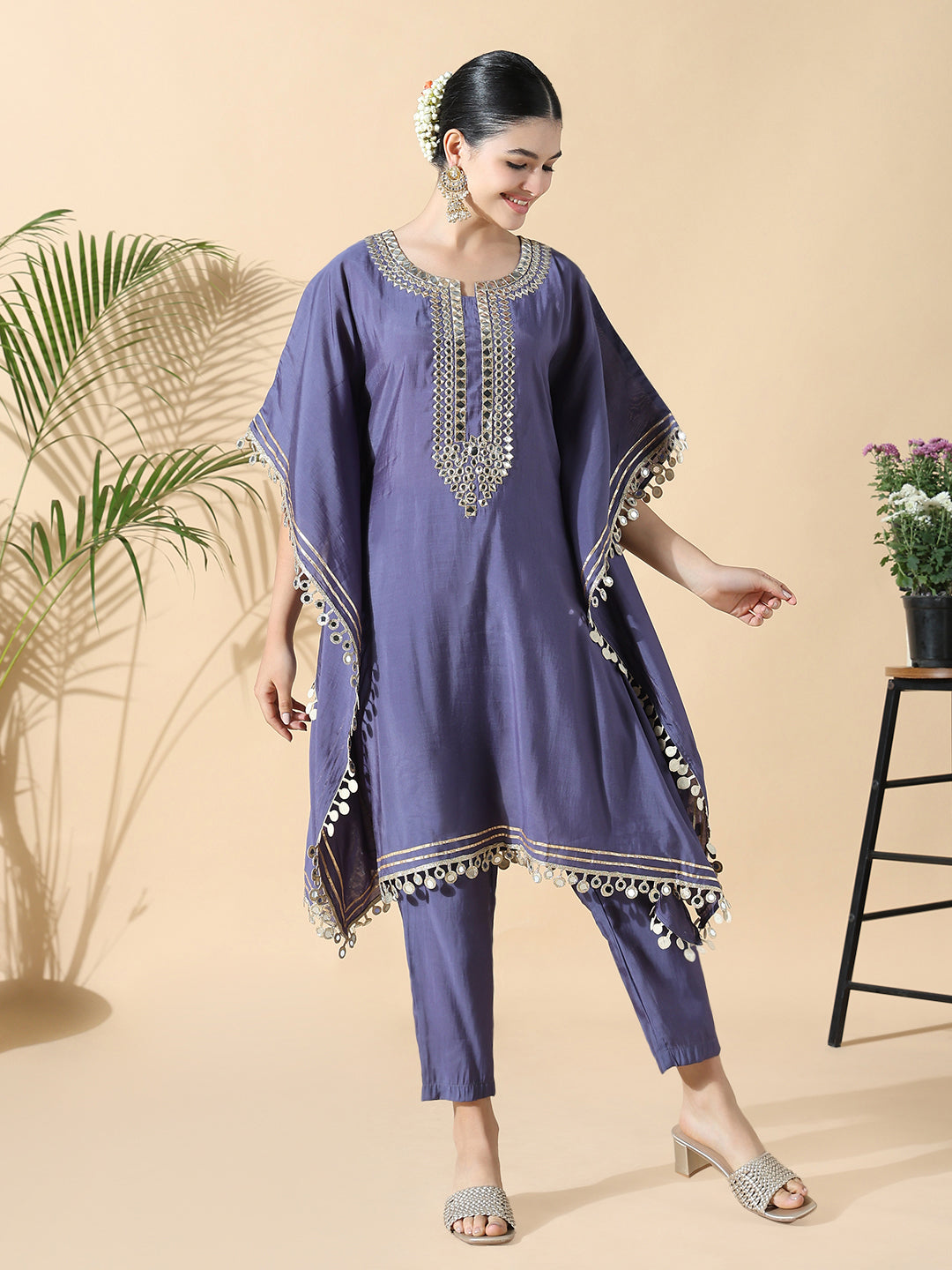 Women's Solid Kaftan Mirror Work Purple Kurta Set