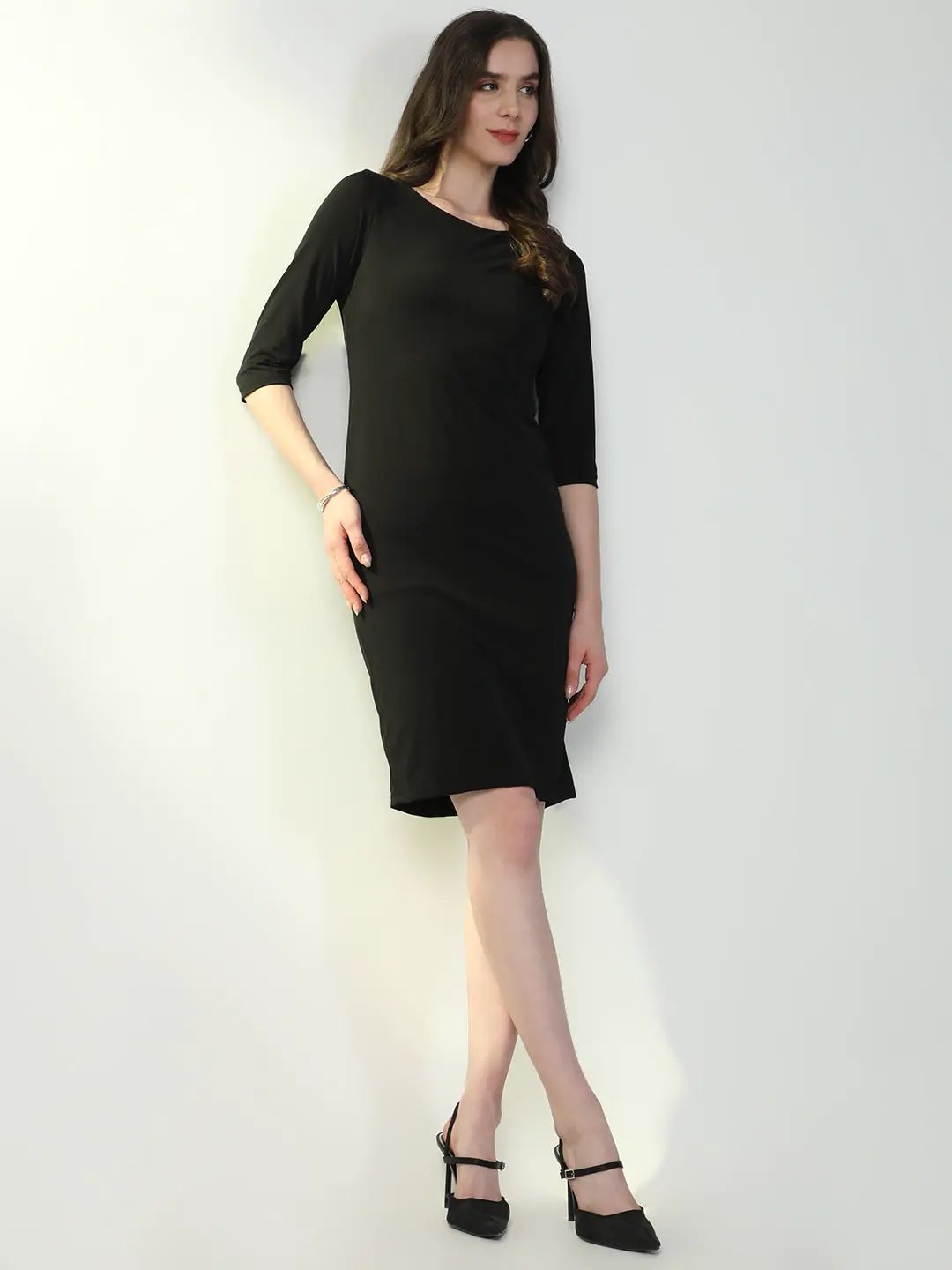 Women's Black Round Neck Bodycon Casual Dress