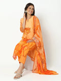Women's Floral Orange Straight Kurta Set with Dupatta