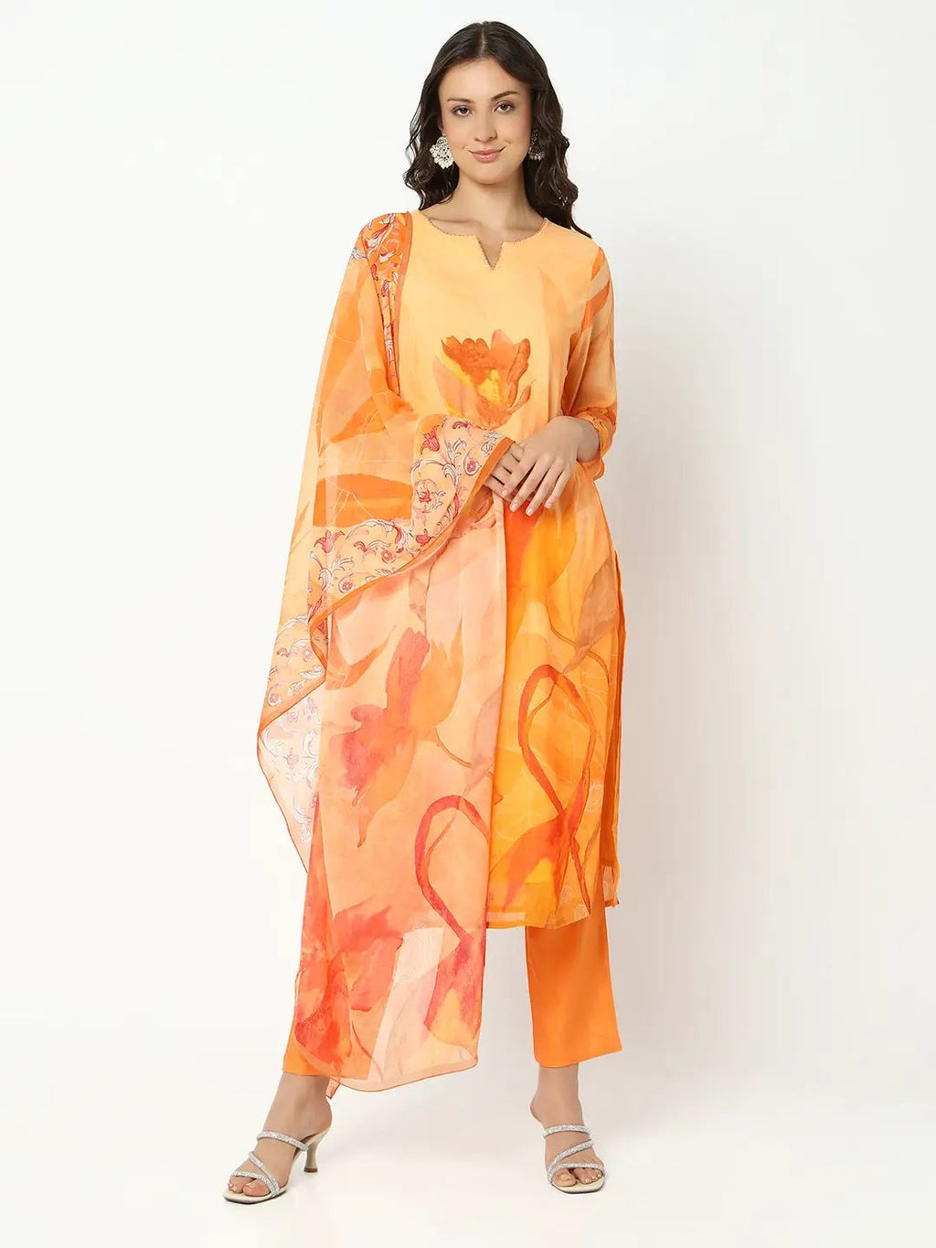 Women's Floral Orange Straight Kurta Set with Dupatta
