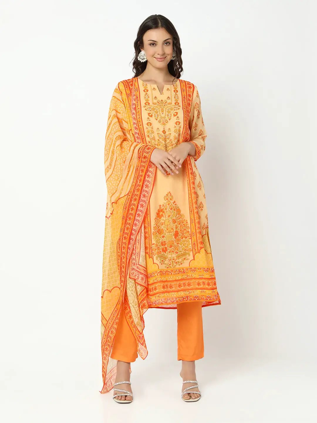 Women's Floral Orange Straight Kurta Set with Dupatta