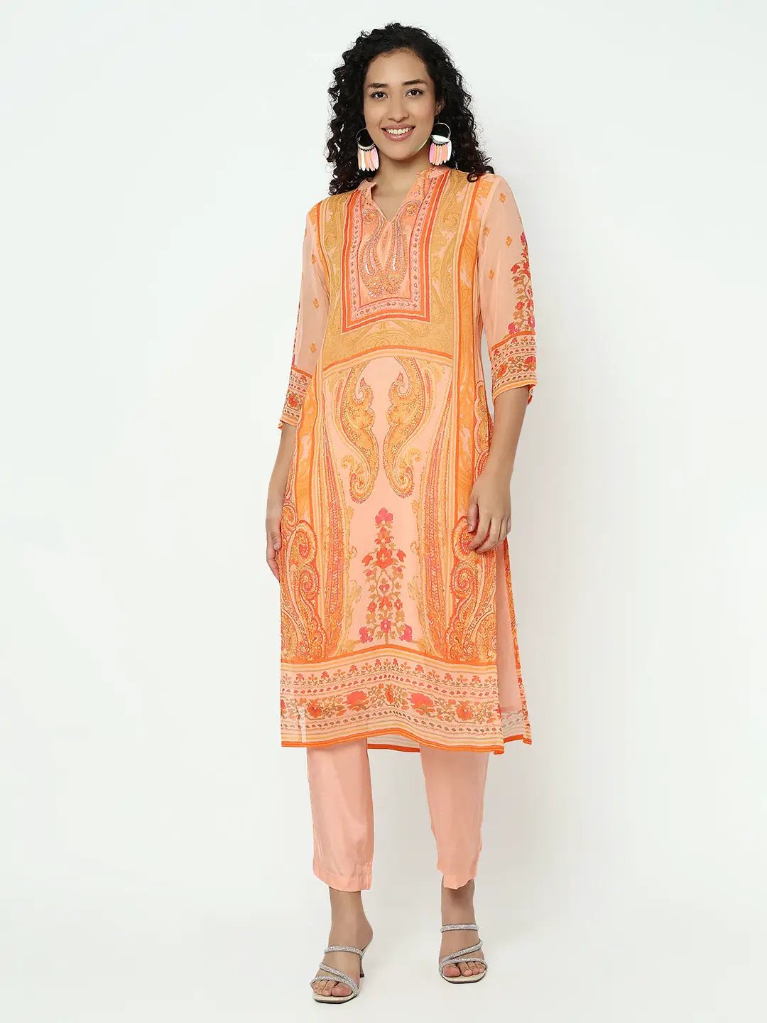 Women's Paisley Orange Kurta Set with Dupatta