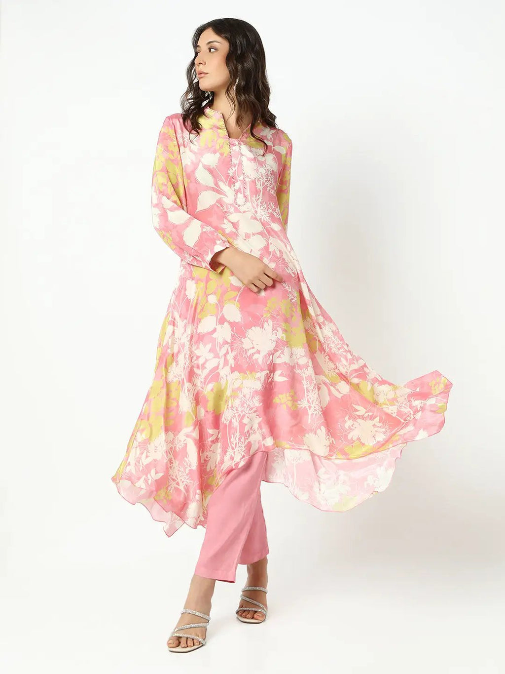 Women's Floral Pink Asymmetric Kurta Set with Trouser