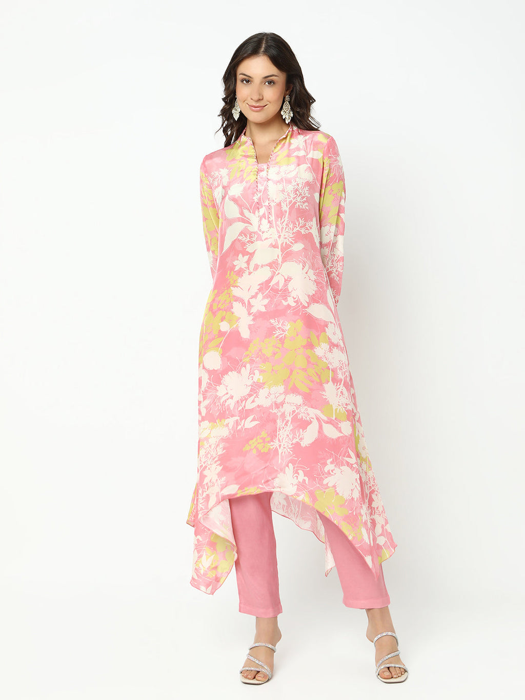Women's Floral Pink Asymmetric Kurta Set with Trouser