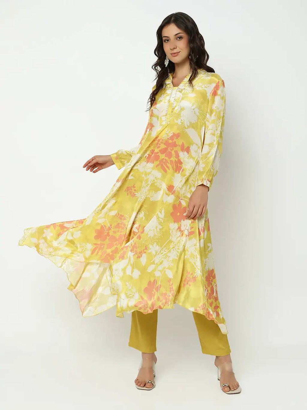 Women's Floral Yellow Asymmetric Kurta Set with Trouser