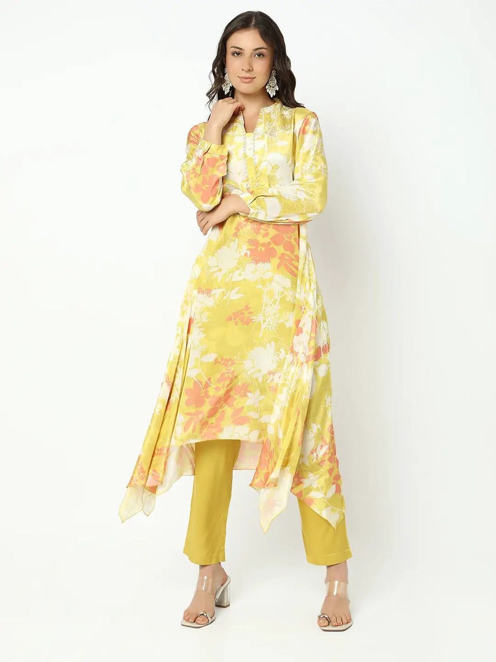 Women's Floral Yellow Asymmetric Kurta Set with Trouser