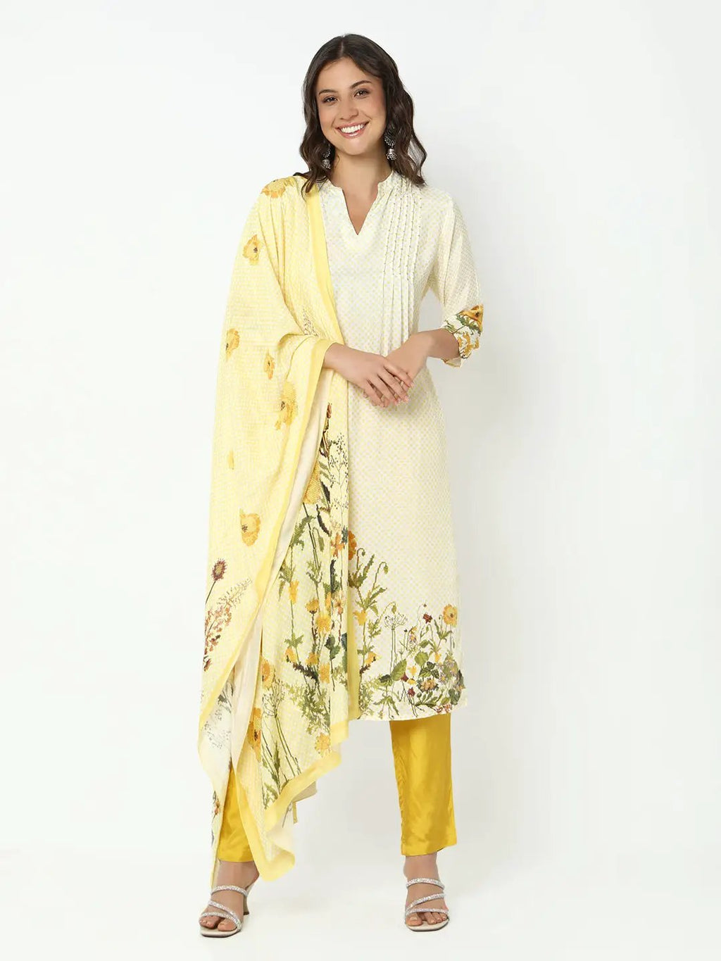 Women's Floral Yellow Kurta Set with Dupatta
