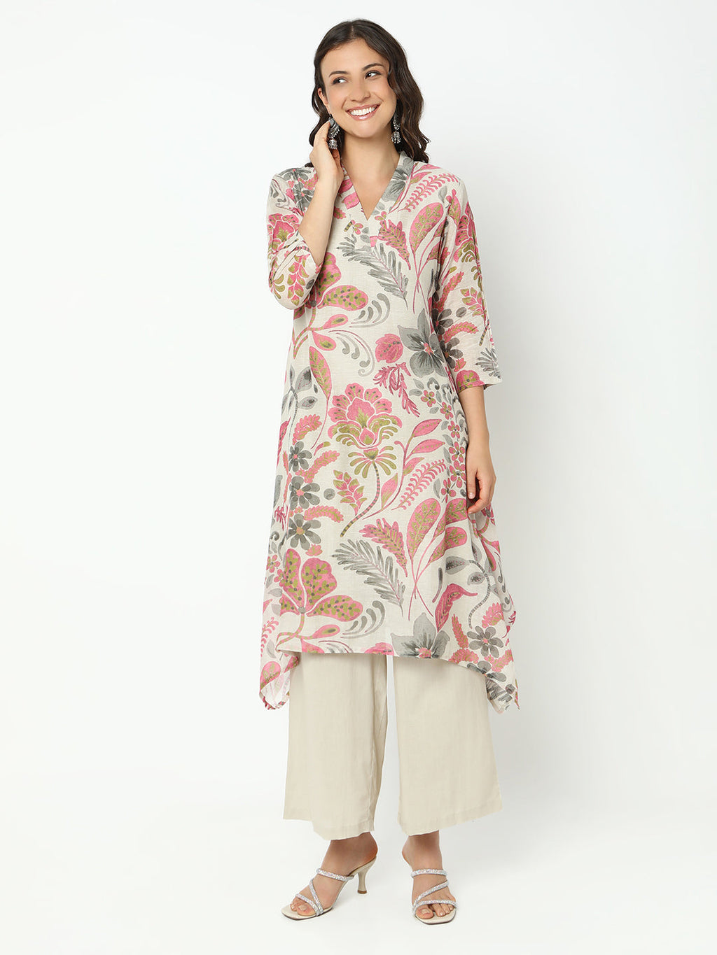 Women's Floral Grey Asymmetric Kurta Set with Palazzo