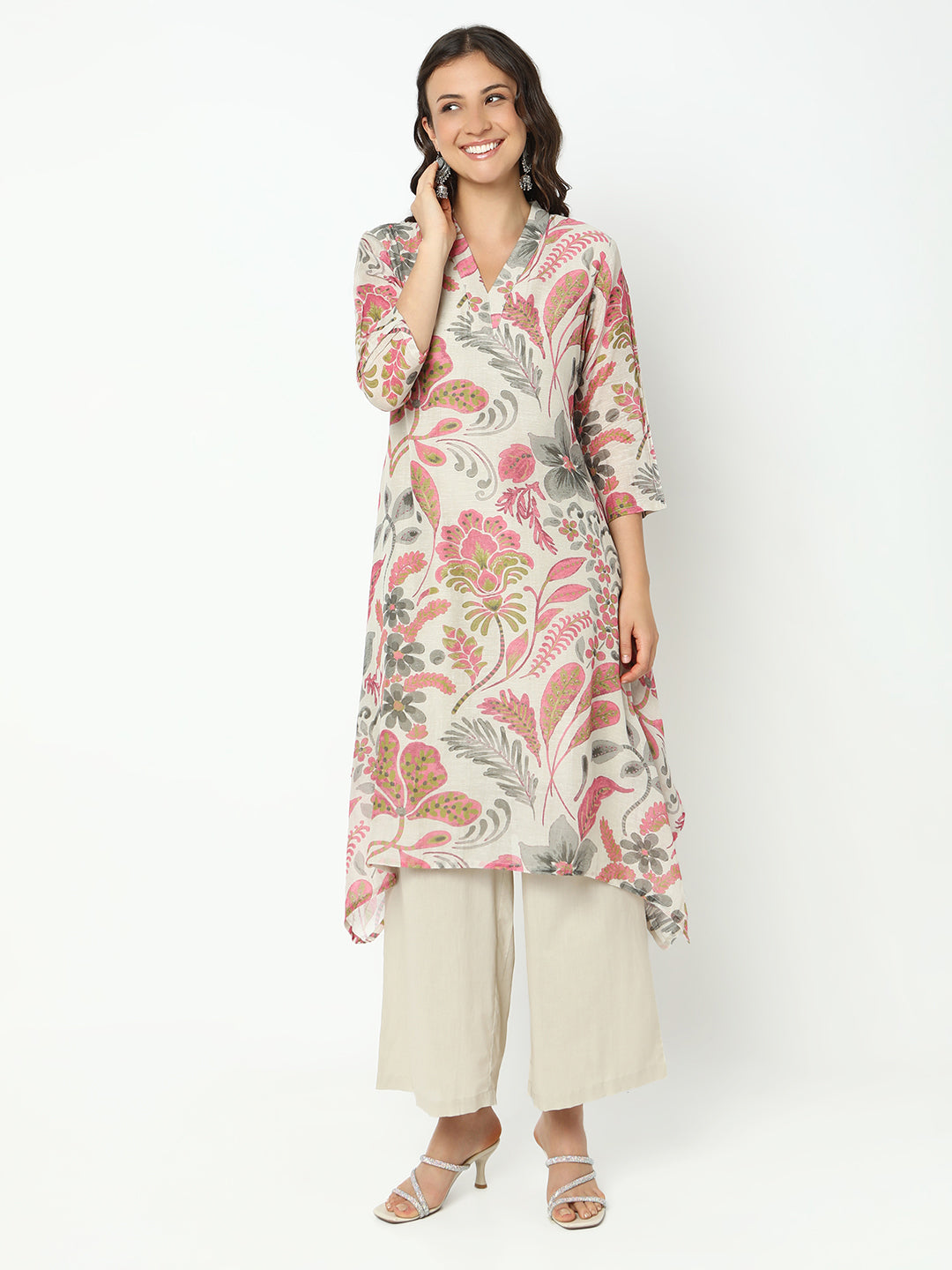 Women's Floral Grey Asymmetric Kurta Set with Palazzo