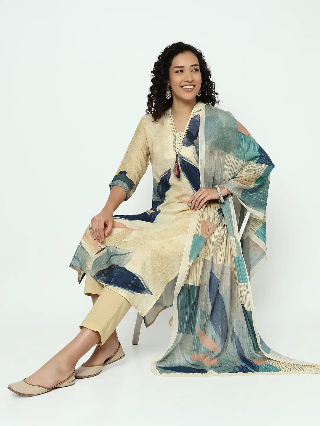 Women's Abstract Beige V-Neck Kurta Set with Dupatta