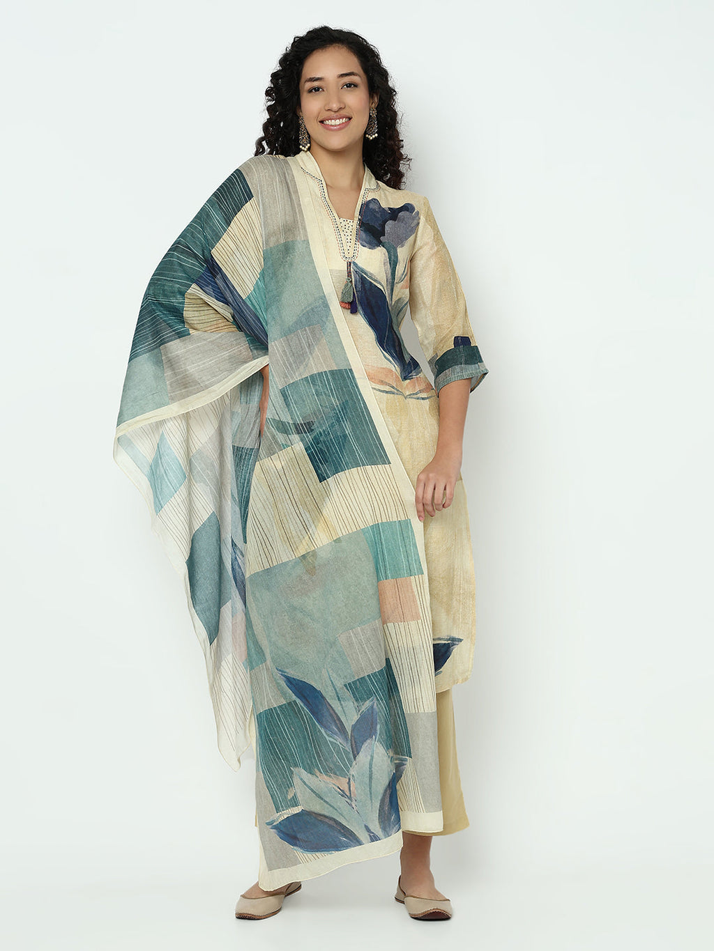 Women's Abstract Beige V-Neck Kurta Set with Dupatta
