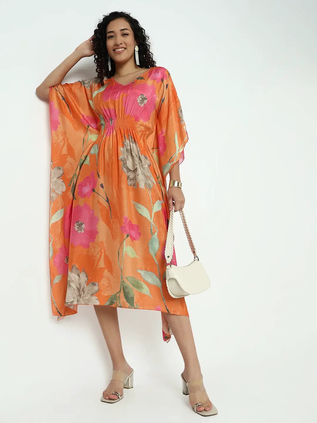 Women's Floral Printed Orange Kaftan Ethnic Midi Dress